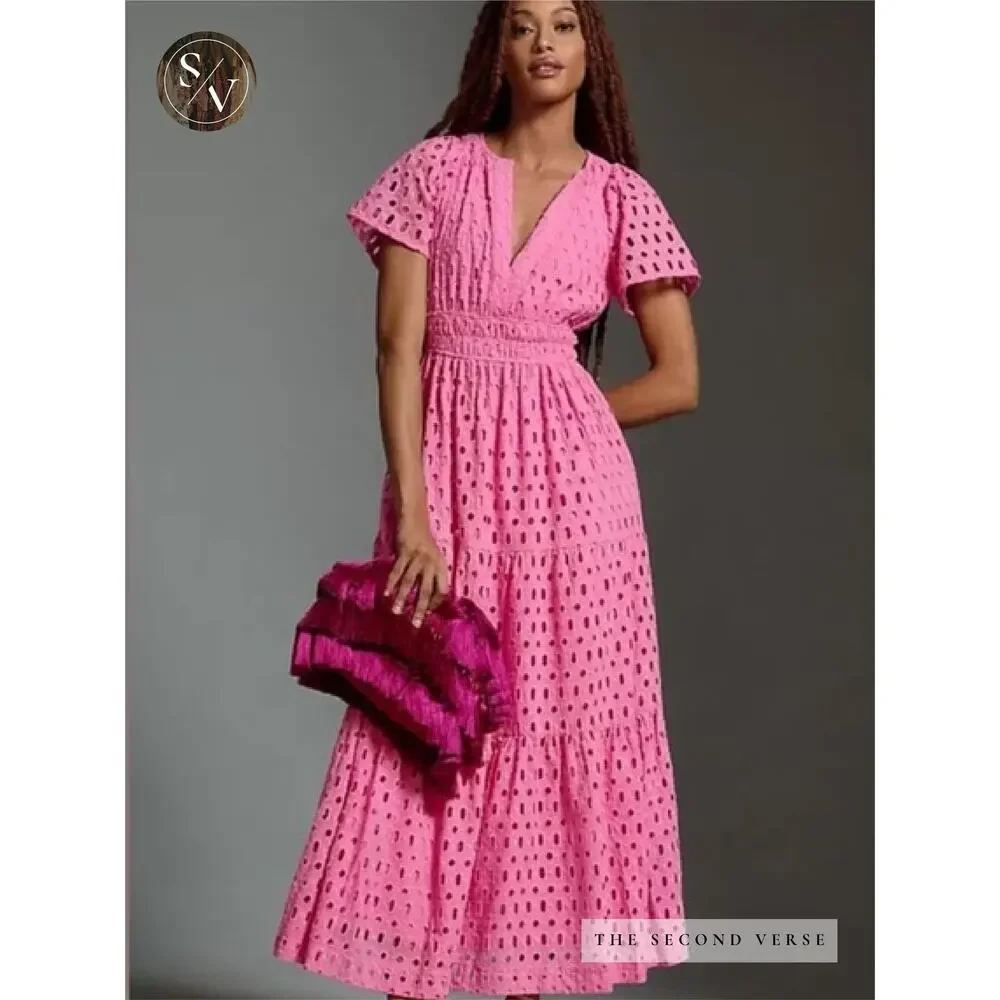 Anthropologie The Somerset Pink Maxi Dress Eyelet Wedding Guest Size Large - Picture 1 of 11